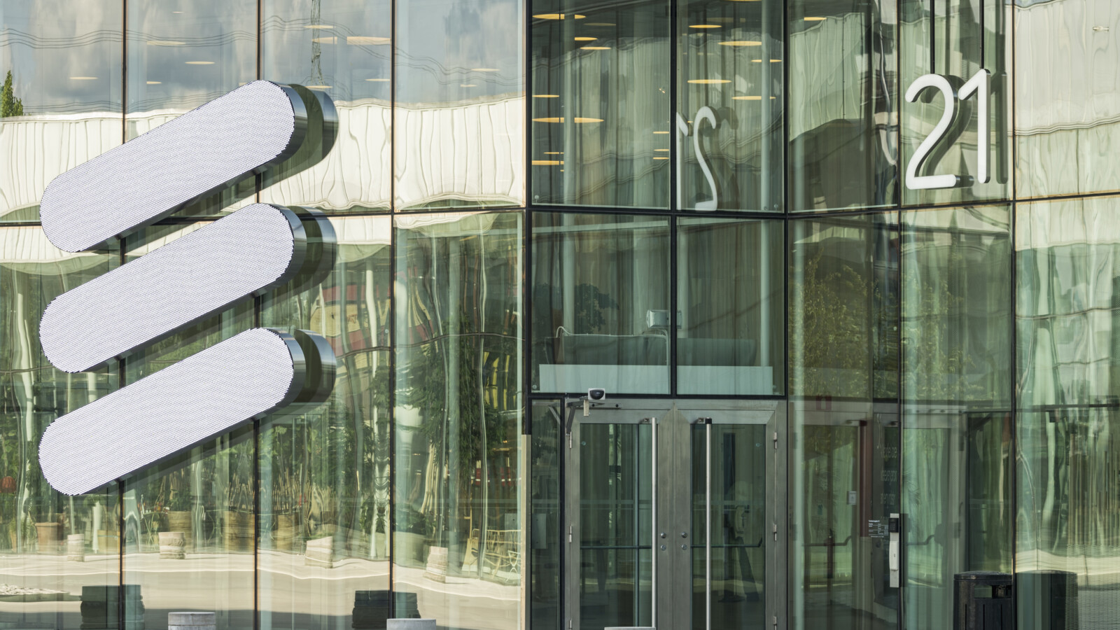 Ericsson logo signage at Stockholm headquarters.