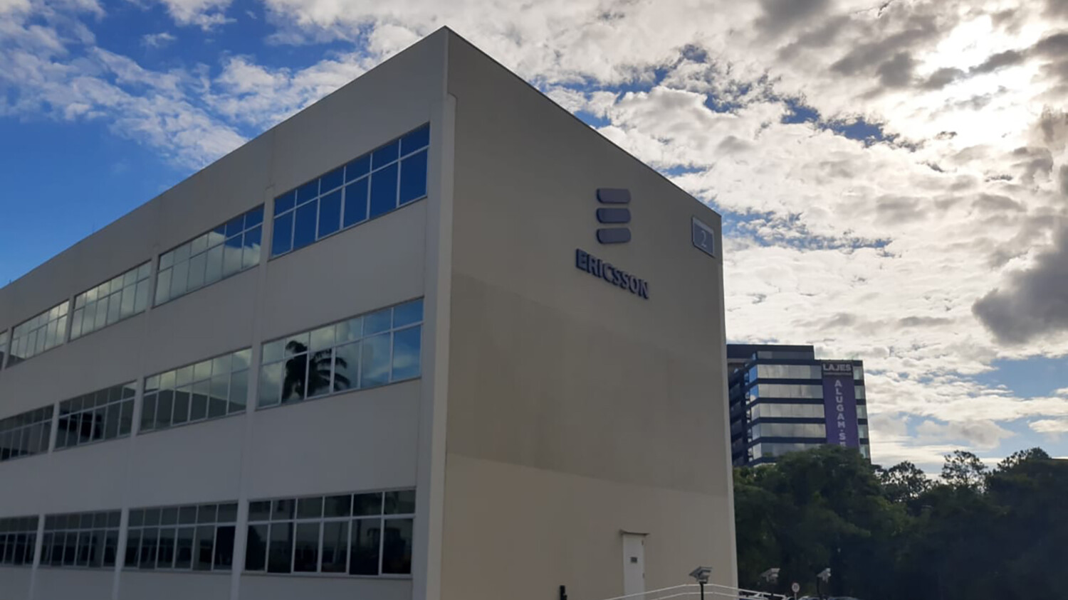 Building with Ericsson logo. 