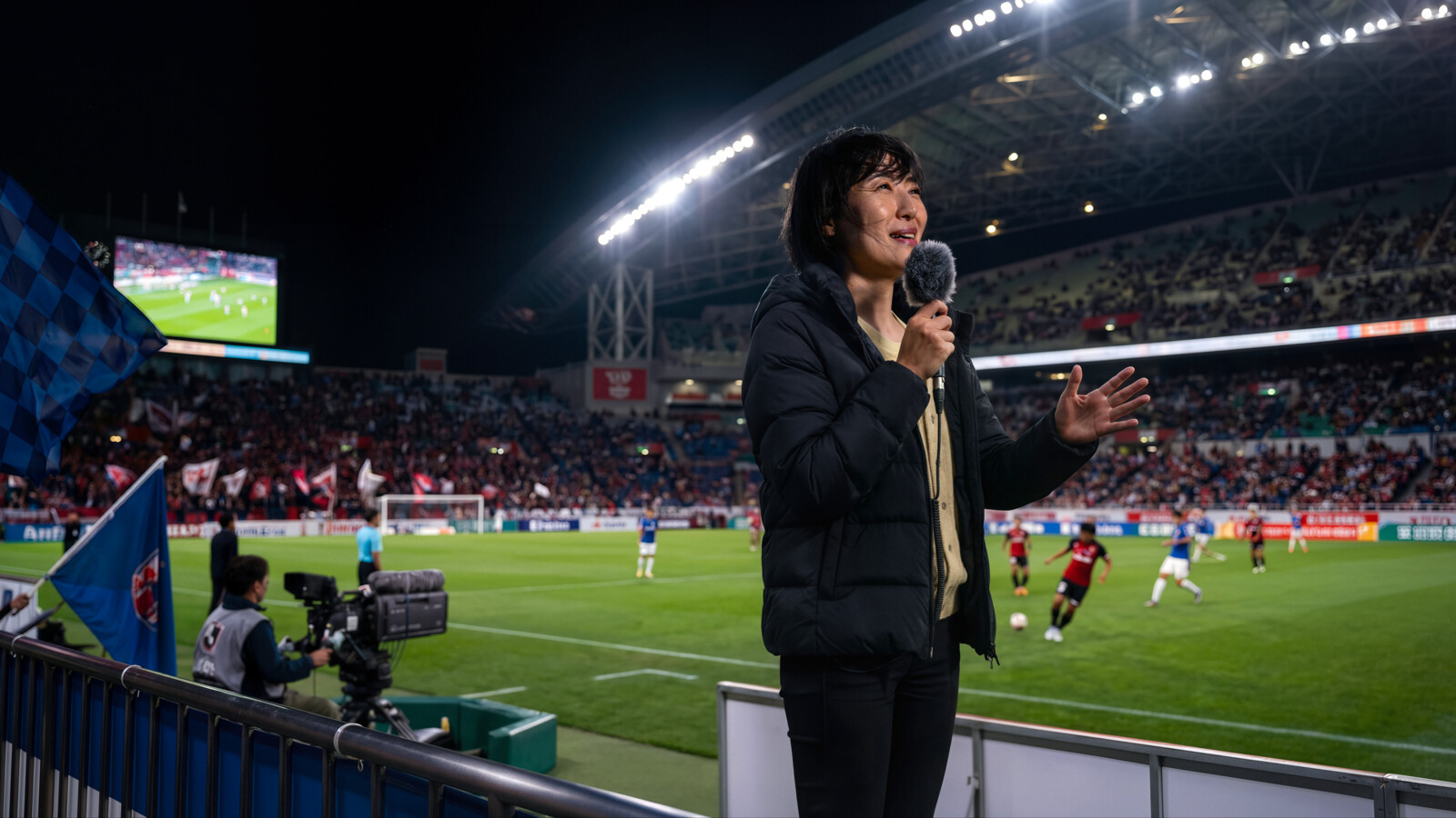 Sports reporter at stadium