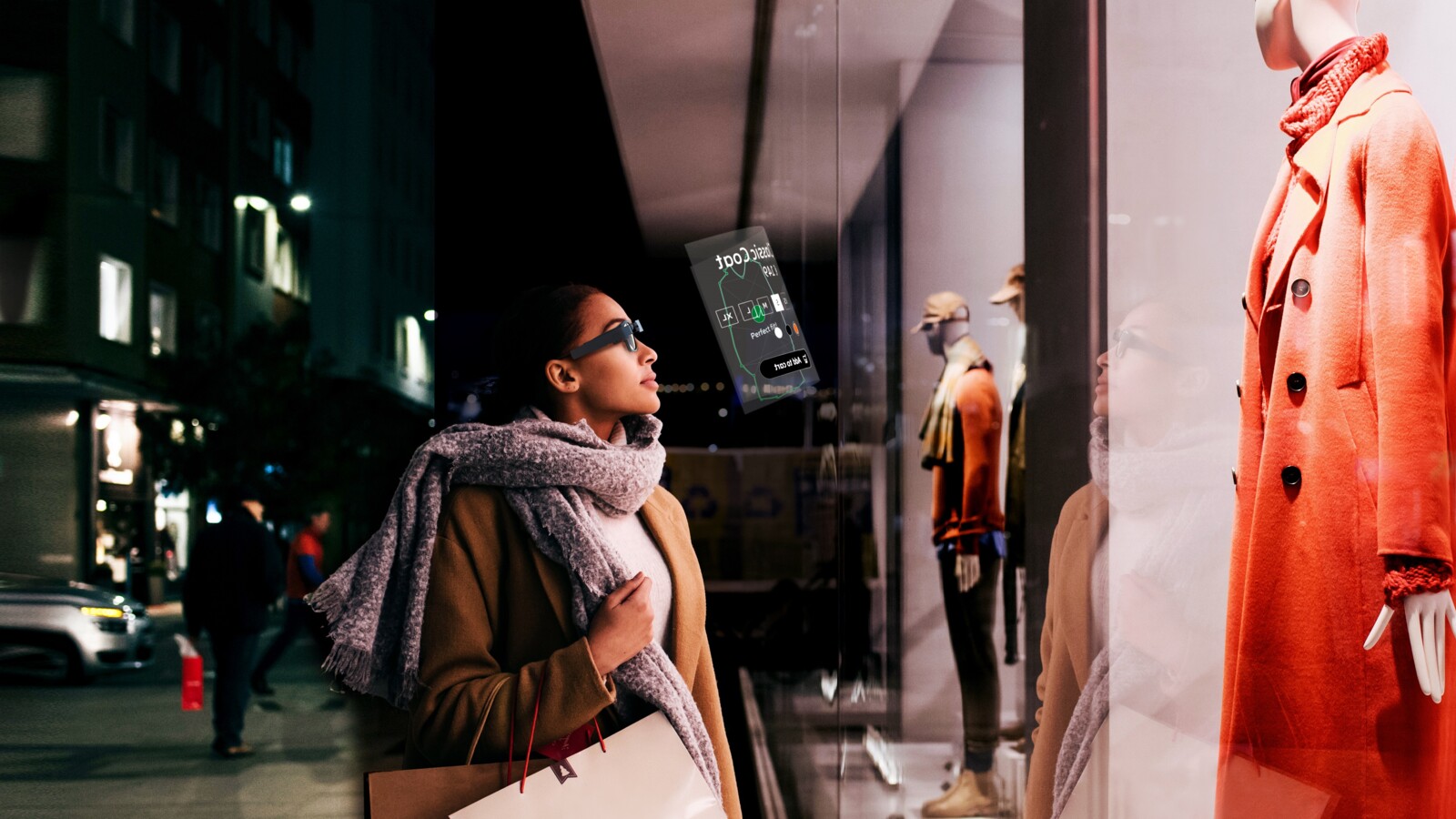 Young lady wearing AR/VR glasses window shopping