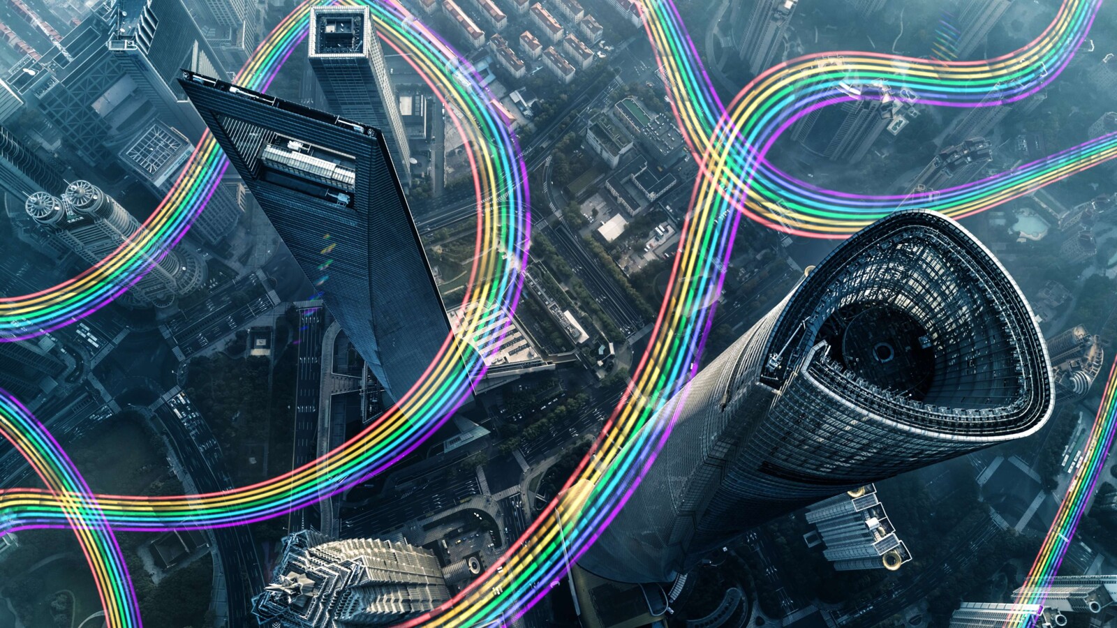 Optic fiber in city, view from above