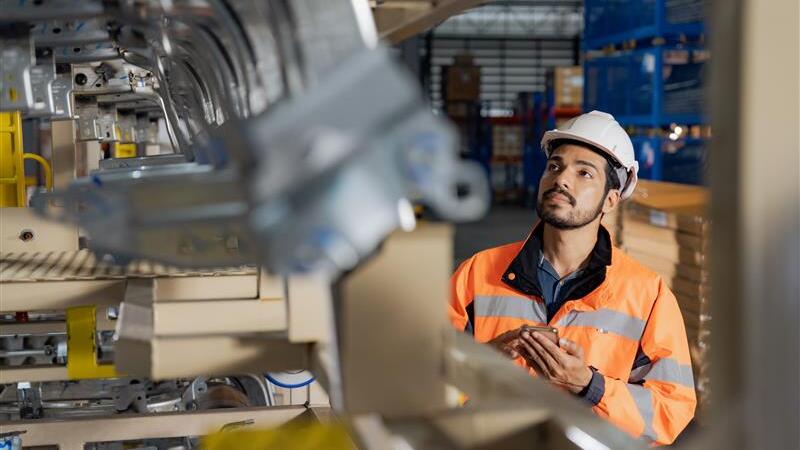 Worker inspects industrial equipment with AR glasses.