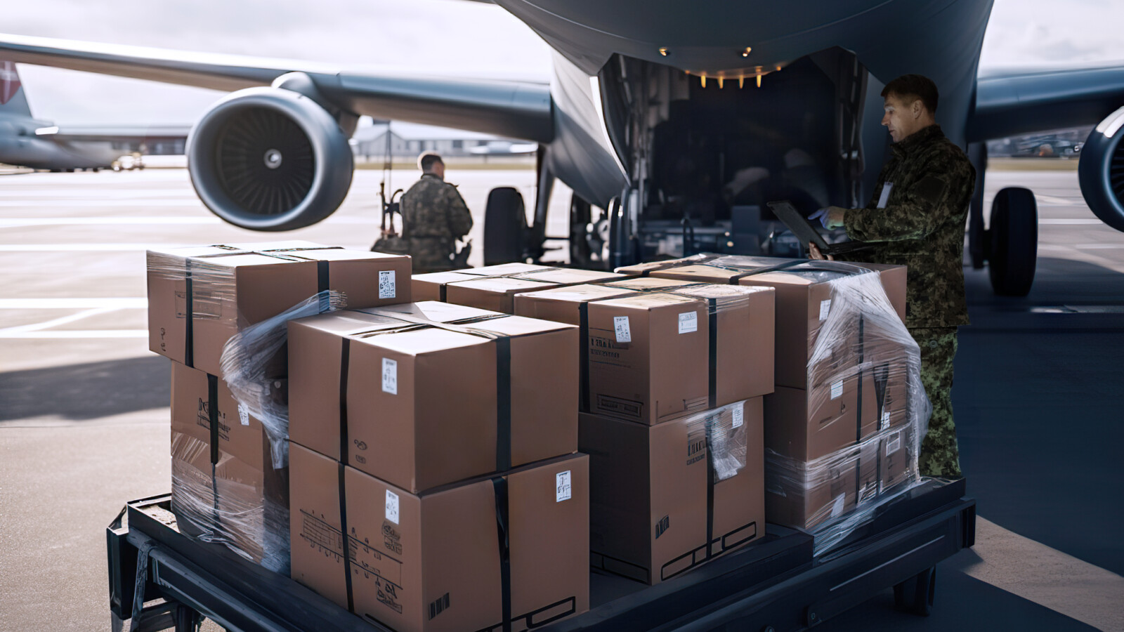 Persons loading a defense military aircraft.