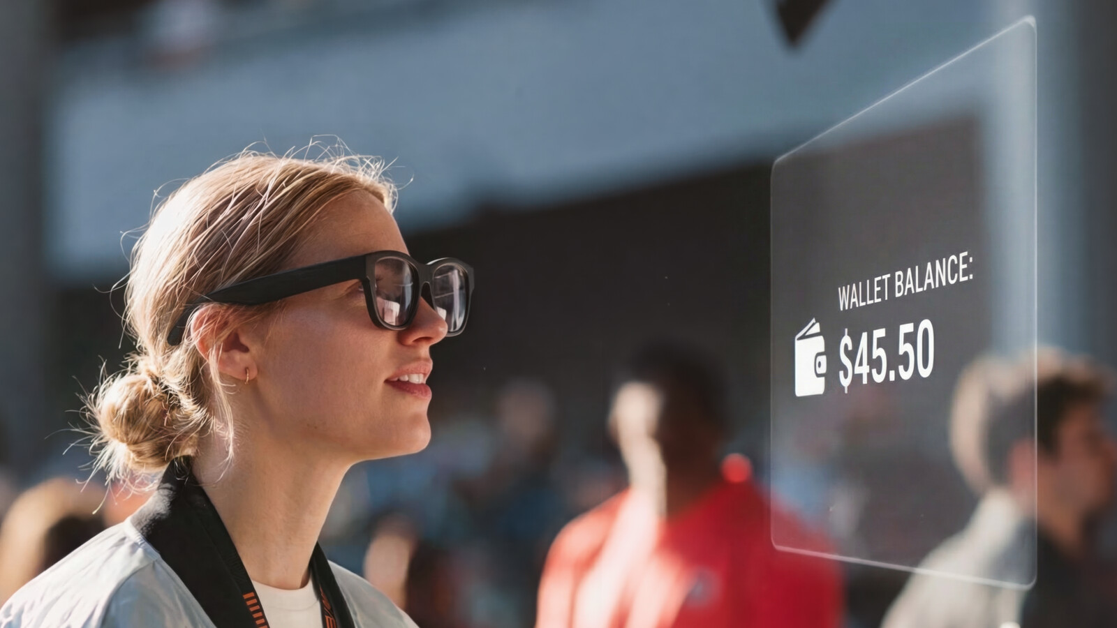 A woman with connected glasses utilizing a connected wallet.