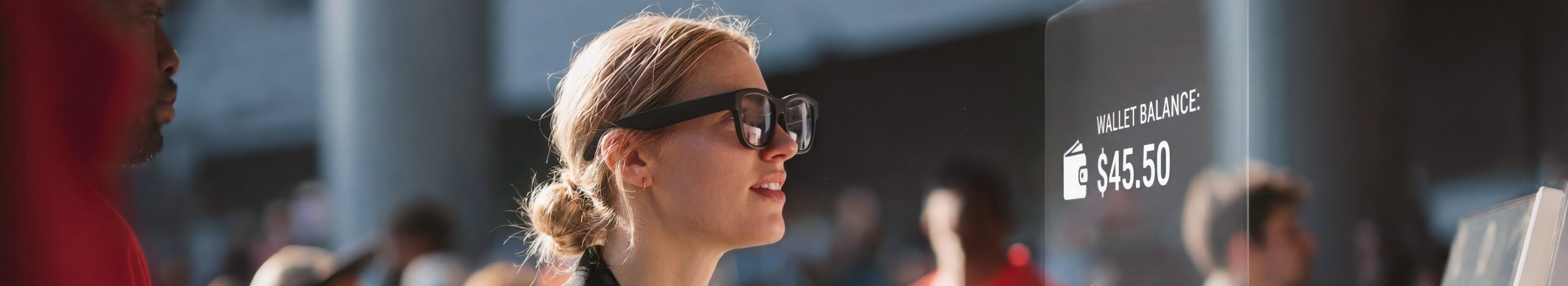 A woman with connected glasses utilizing a connected wallet.