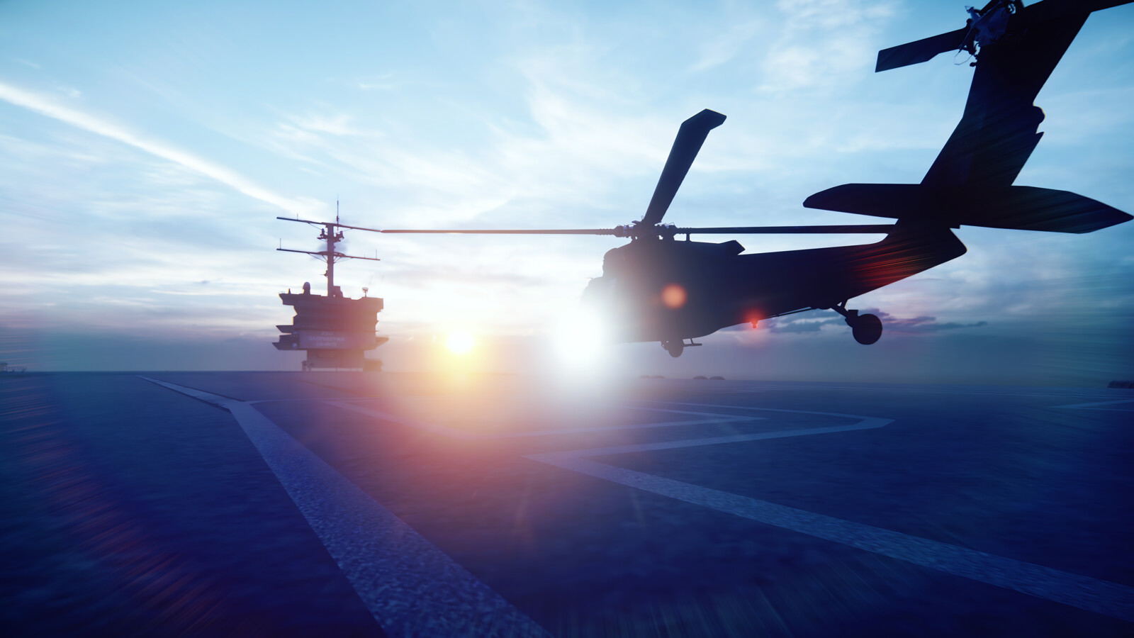Helicopter landing on a military ship.