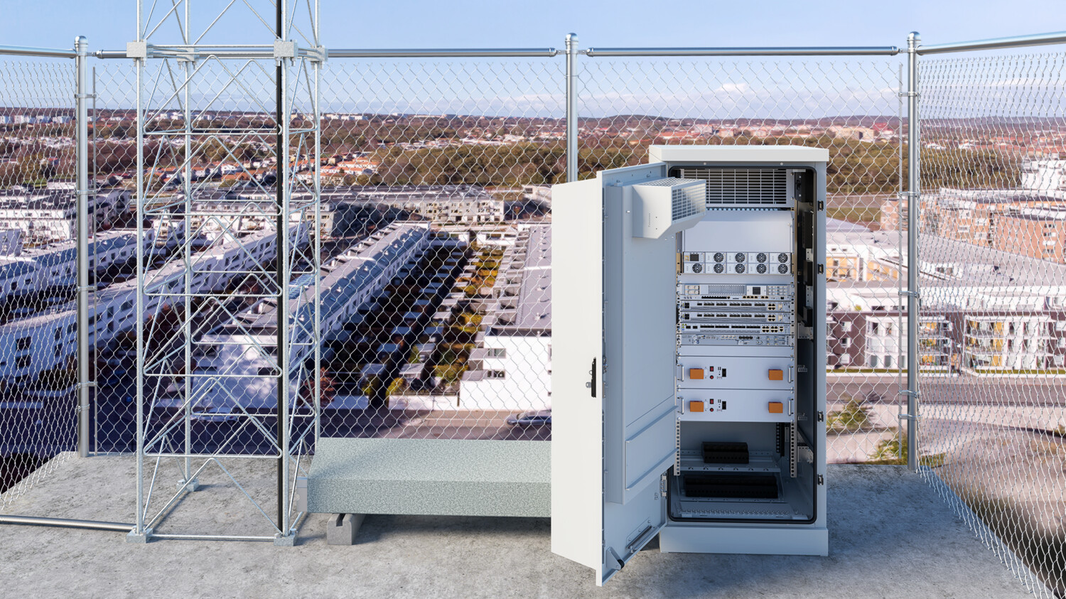 Suburban radio site solution, tower and cabinet on the ground.