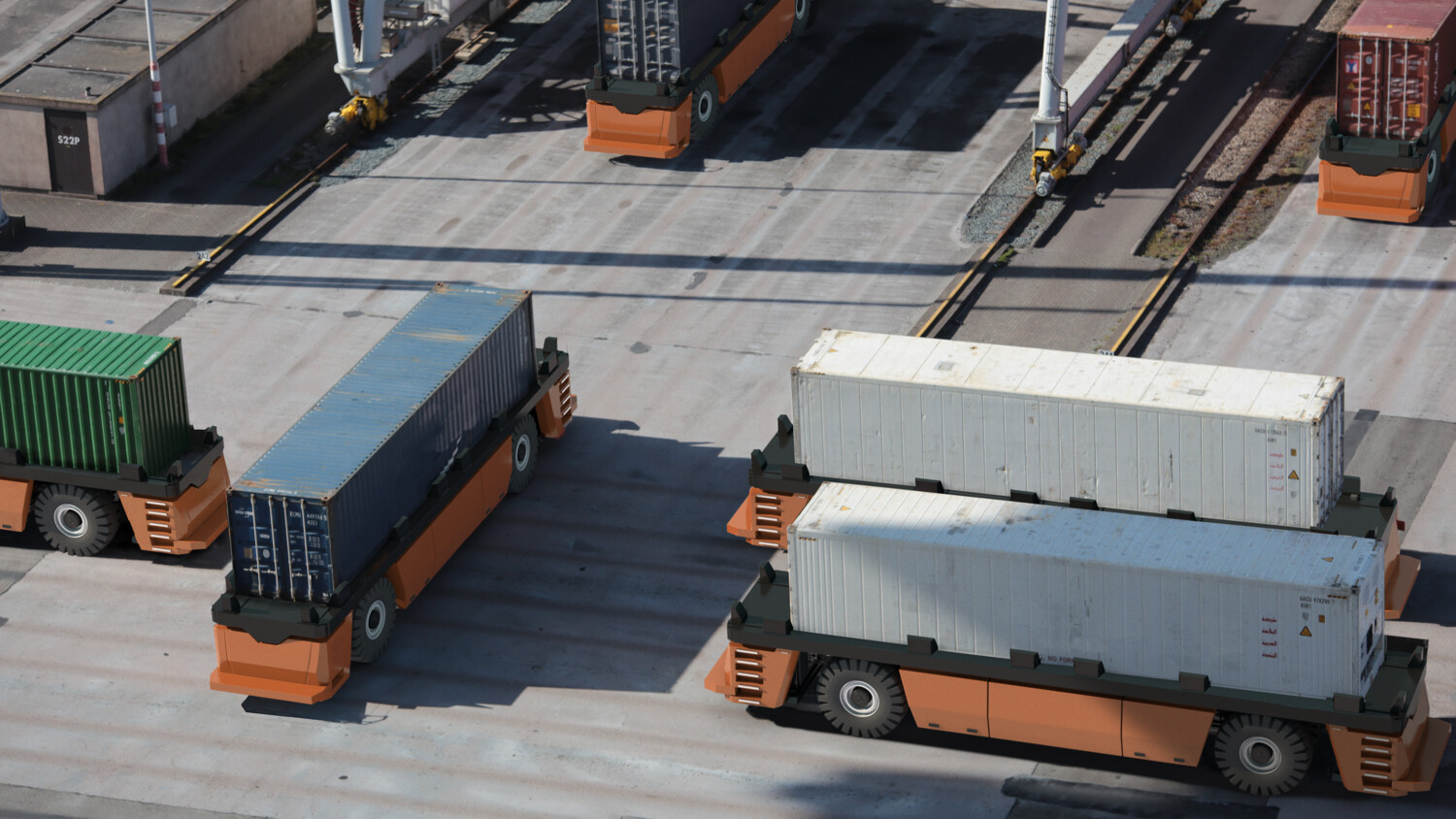 Automated guided vehicles in moving colorful containers in industrial yard.