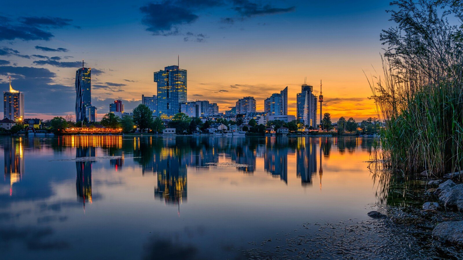 Reflection of Buildings on Body of Water. Vienna, Austria