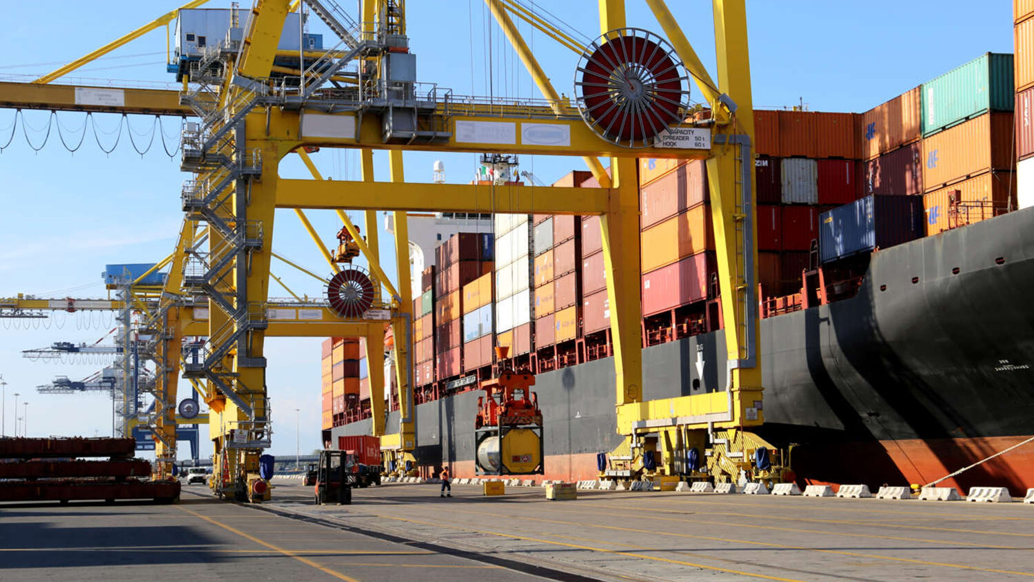 A container ship in a port.