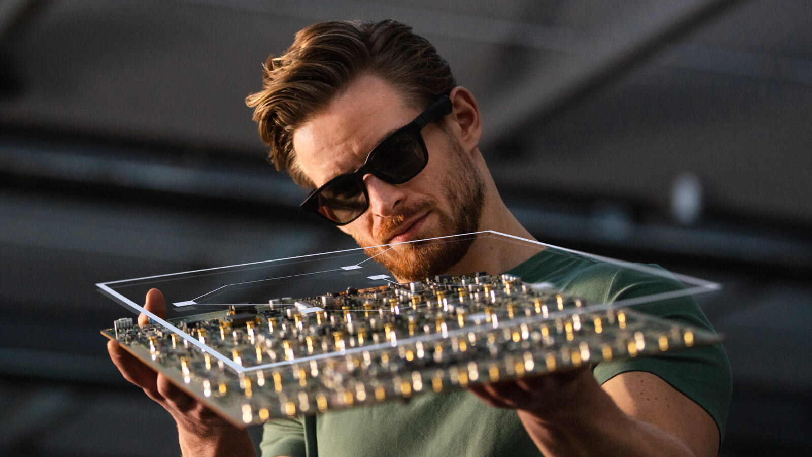 A male professional working with augmented reality and hololense