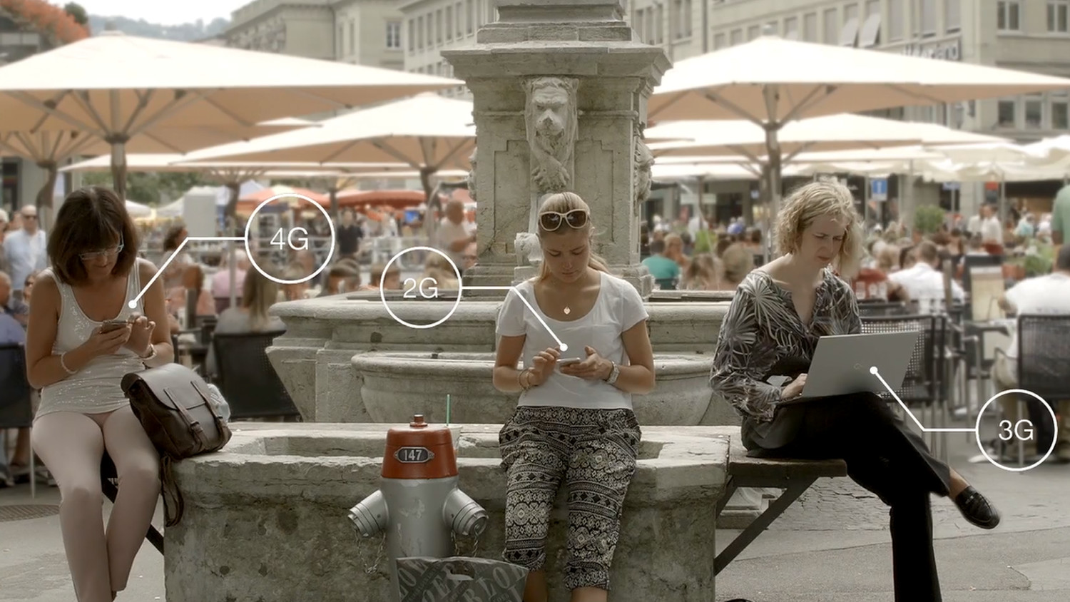 Women working with devices on a street