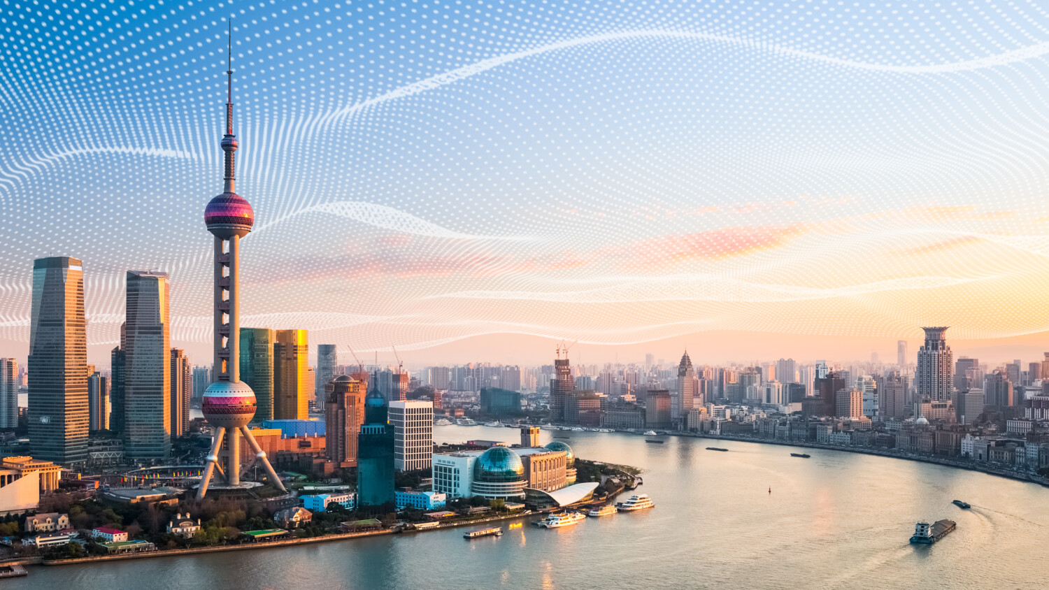 Cityscape with graphic overlay representing connectivity.