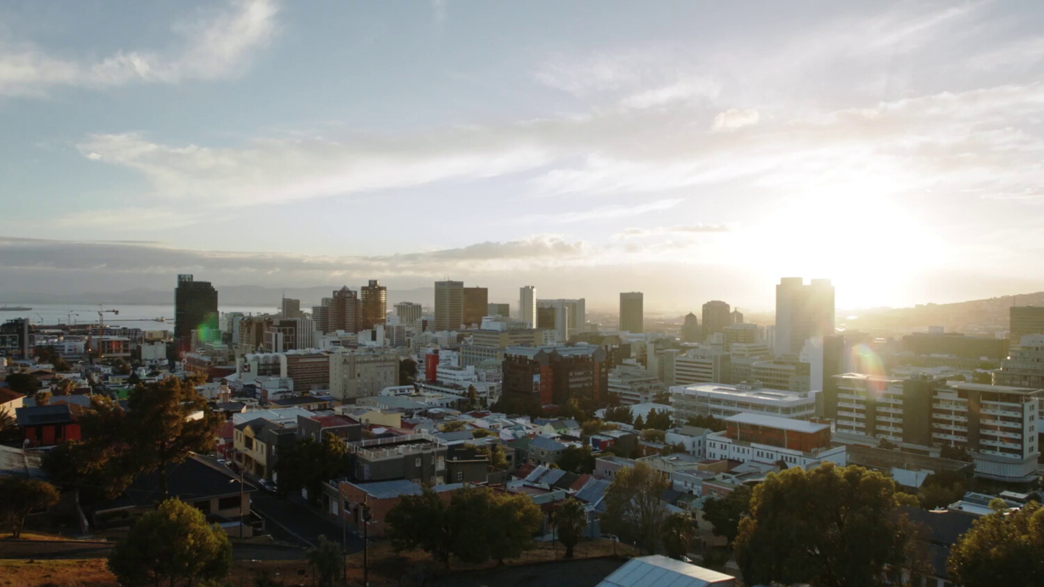 Aerial view of city with skyscrapers.