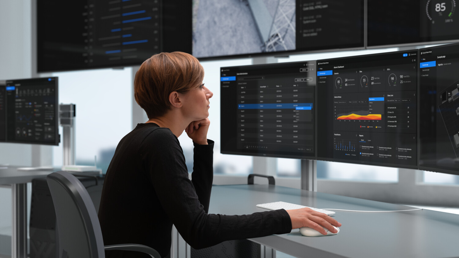 Security person monitoring computer screens.