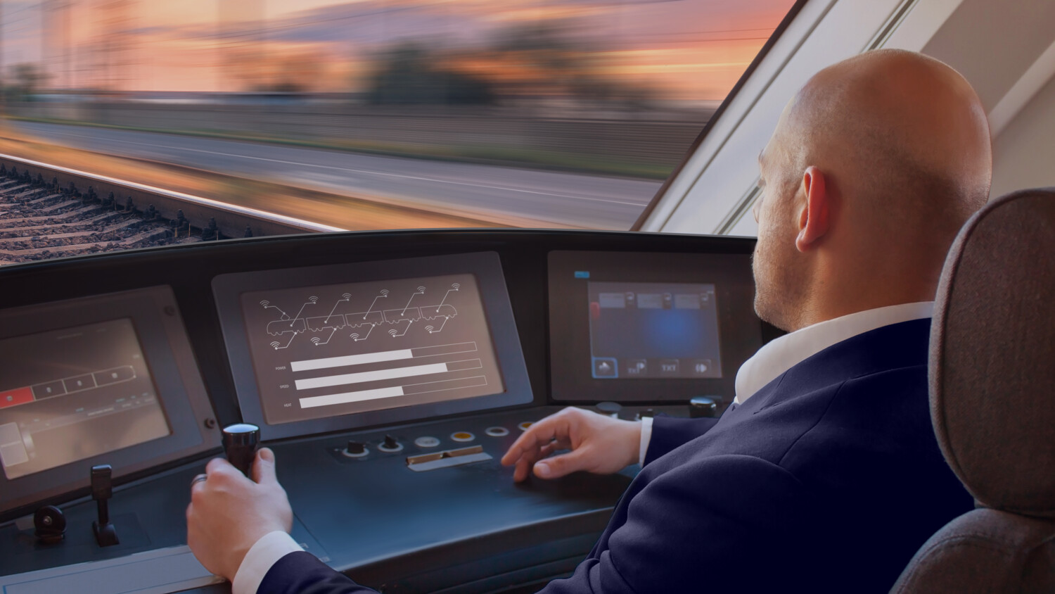 Railway train driver in action.