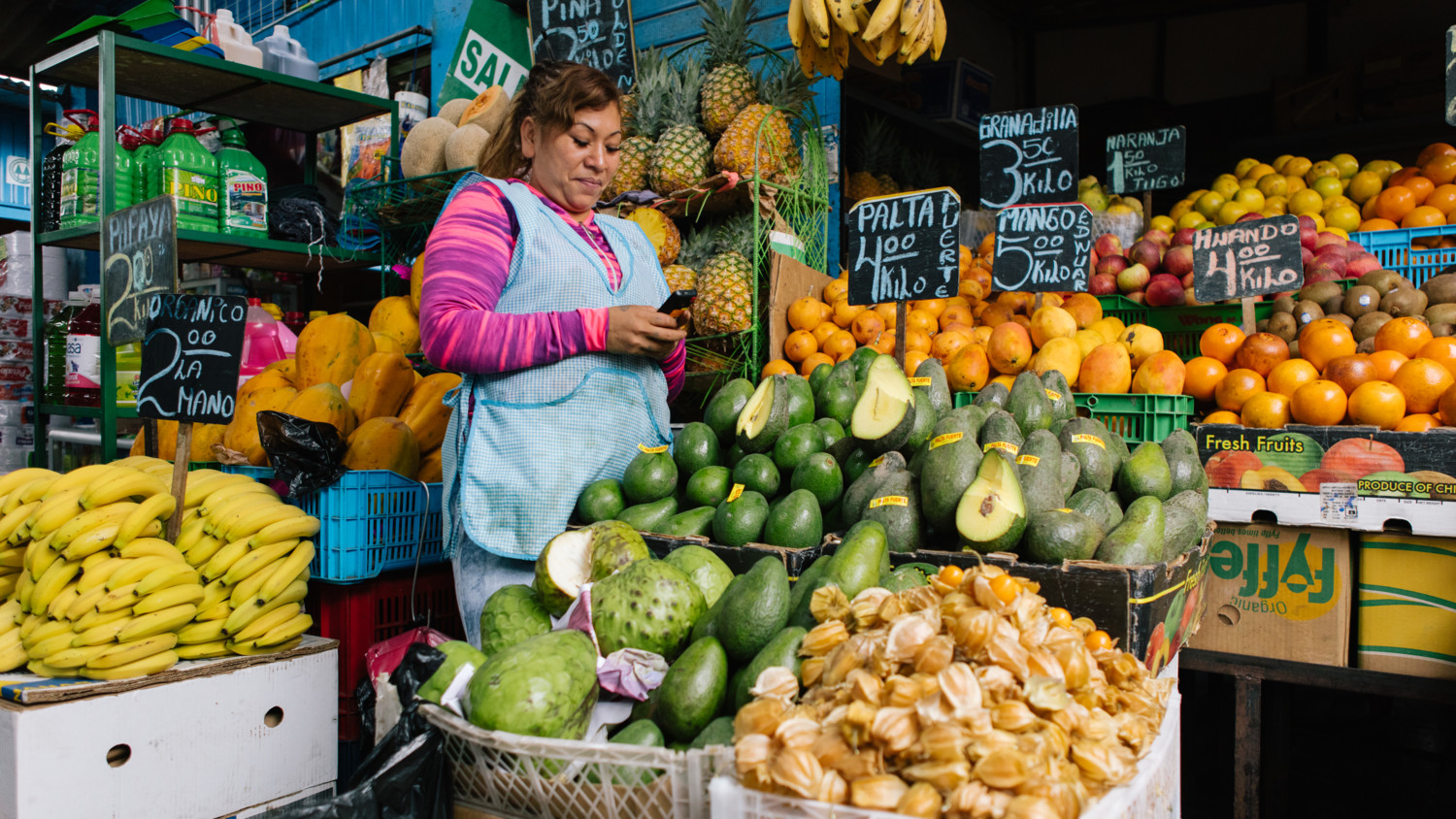Mulher usando o telefone móvel em um mercado de frutas.