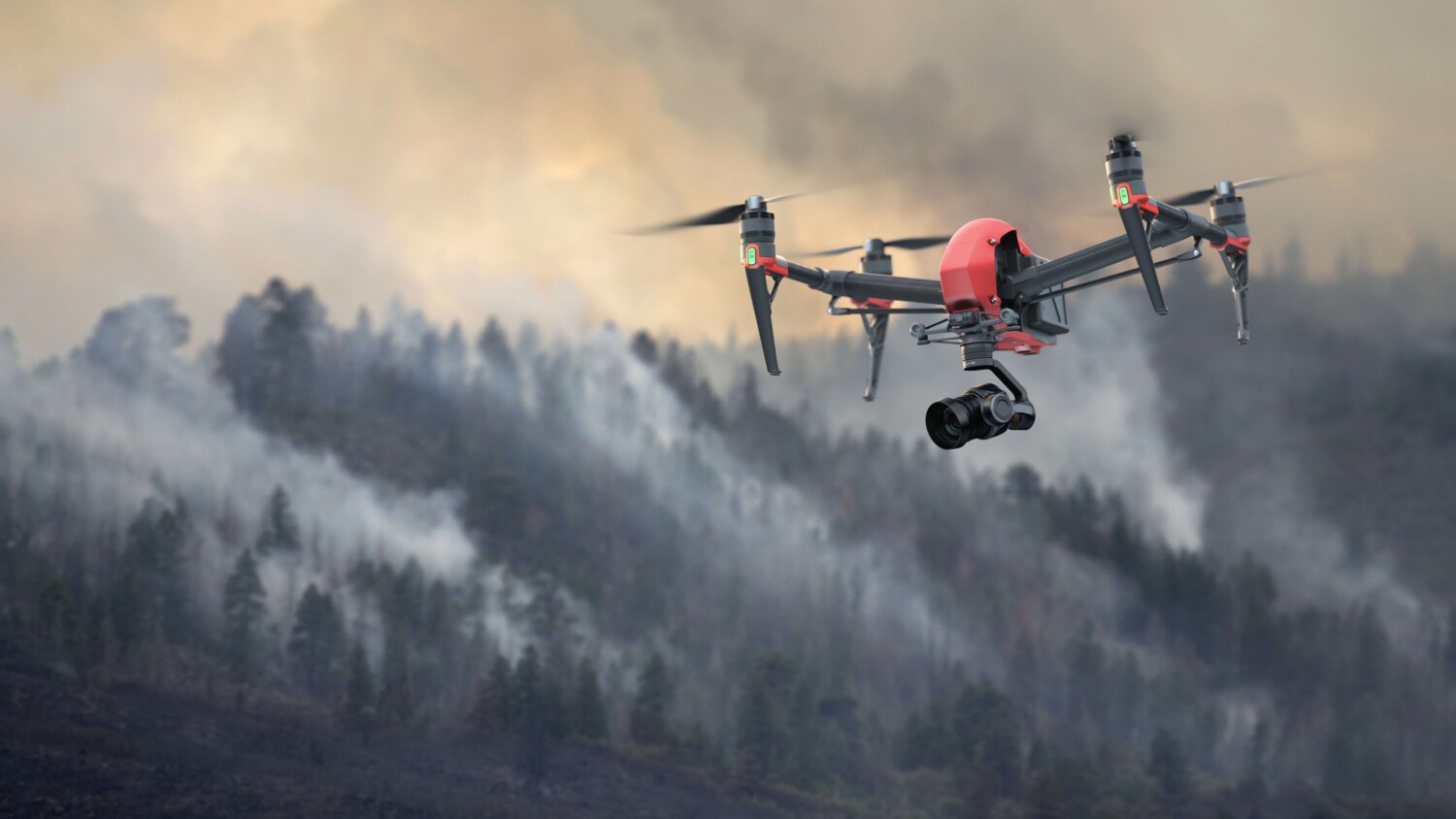 Drone with camera flying over forest fire.