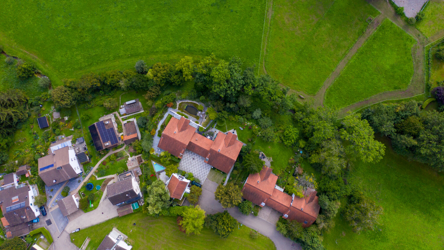 Aerial view of rural suburb.