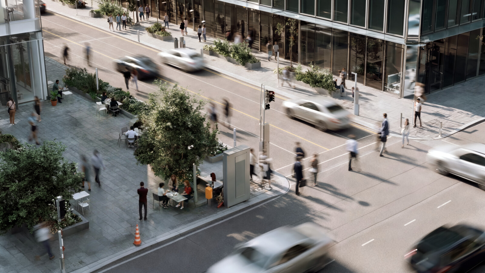 AI_generated Busy city street with pedestrians and traffic from above