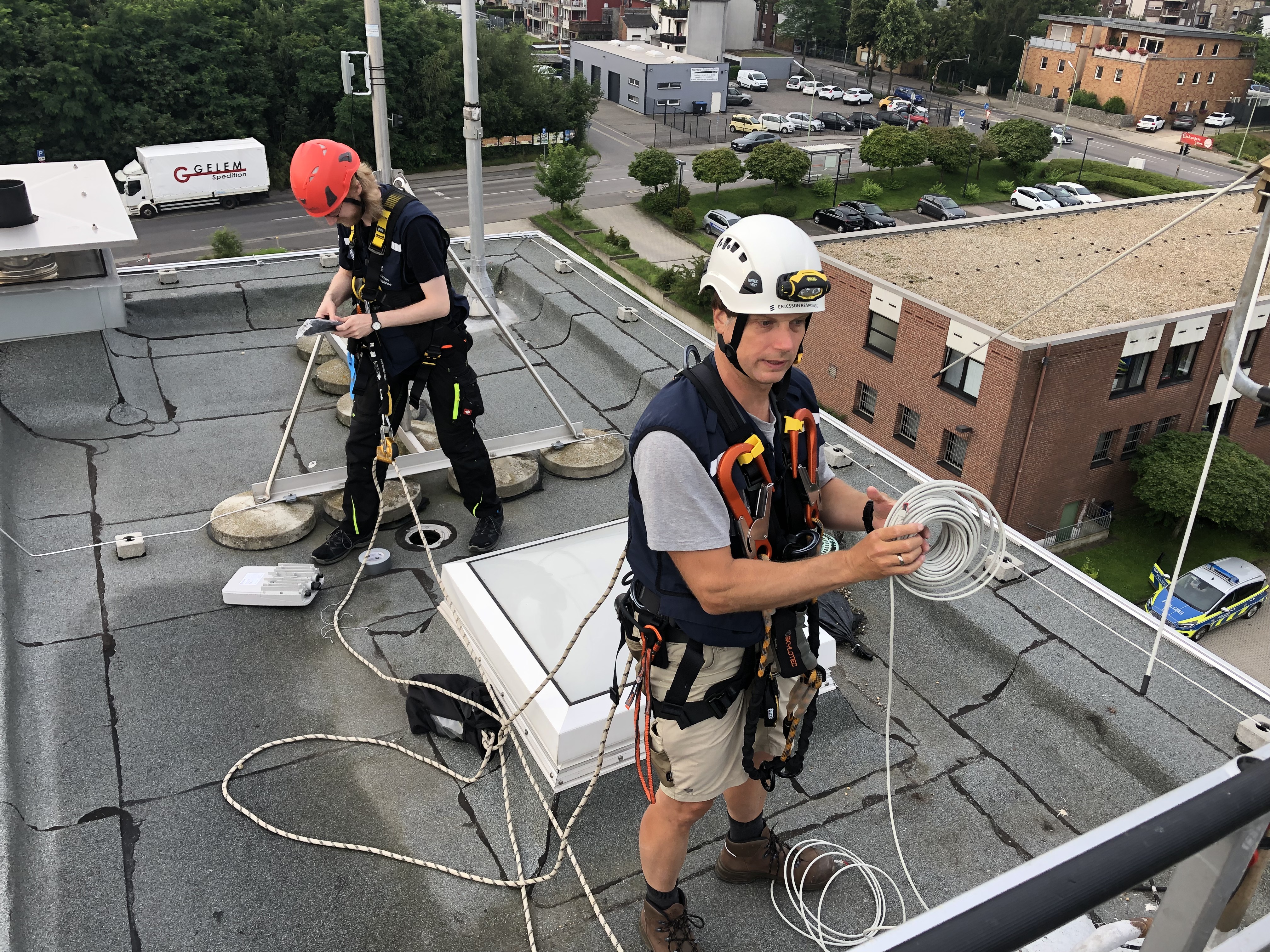 Ericsson Response on the top of Stolberg Fire Department tower, installing the link to Kaiserplatz Square.
