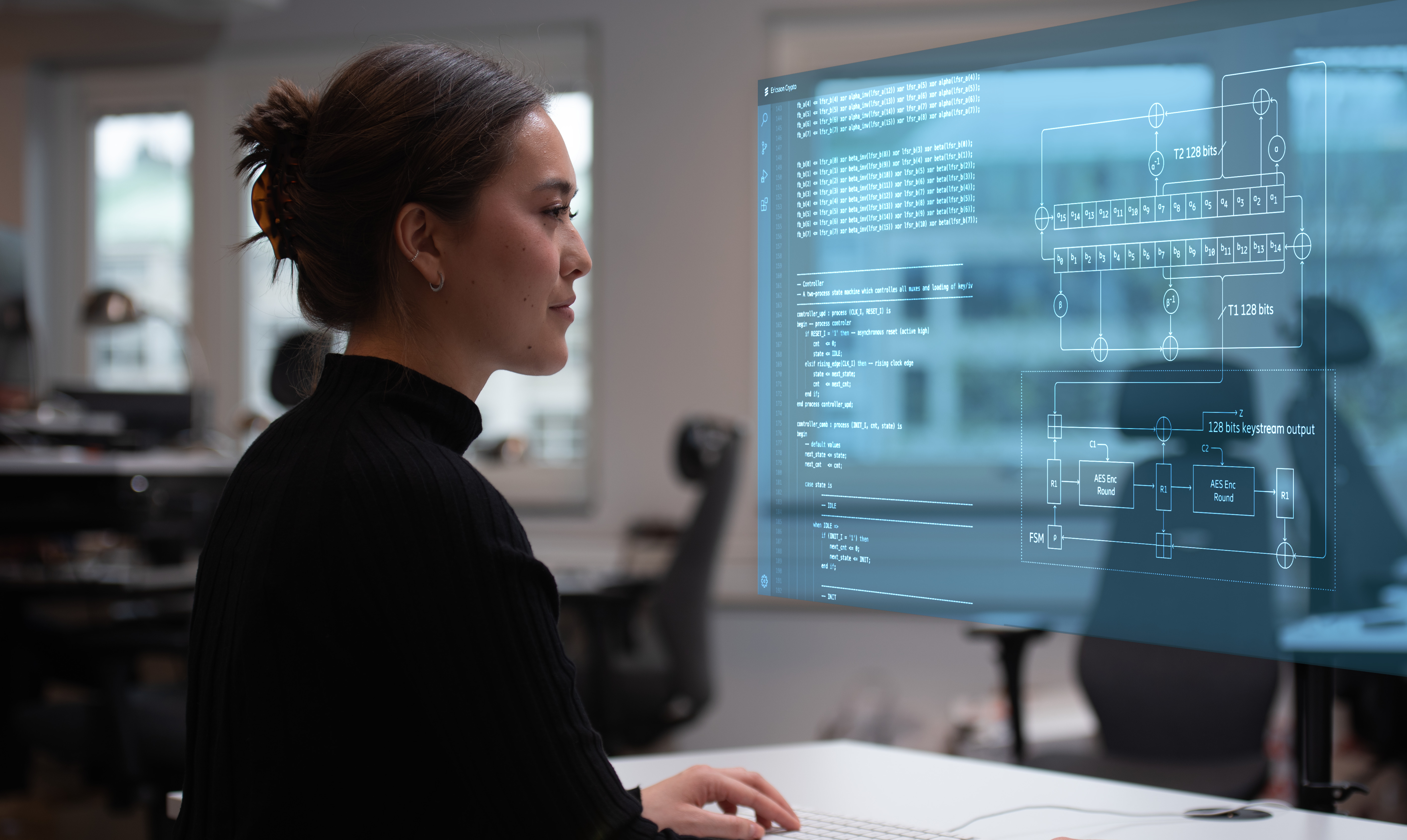 Person in futuristic workspace with holographic screen.