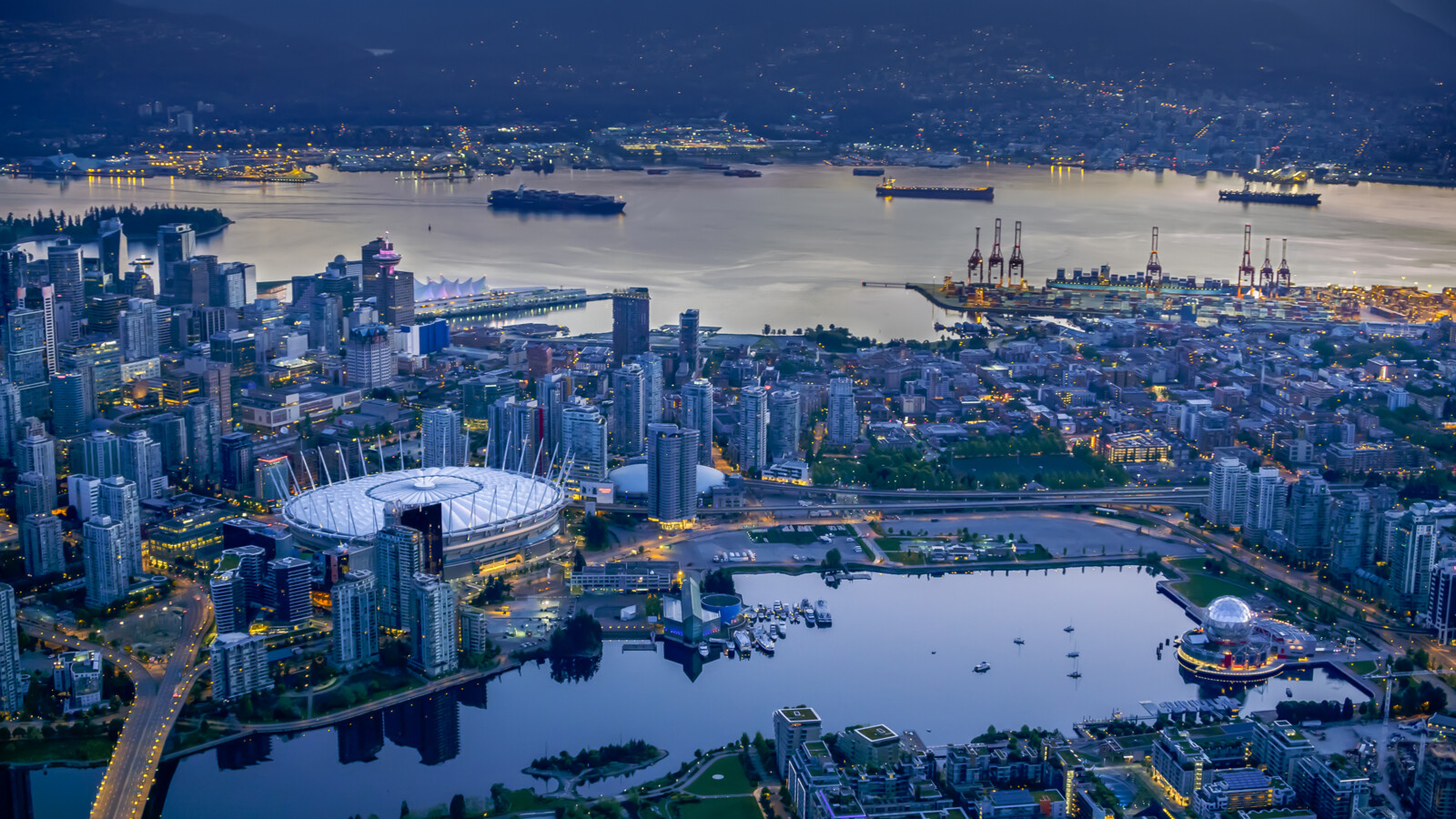 Vancouver from above with harbor, city center and stadium.