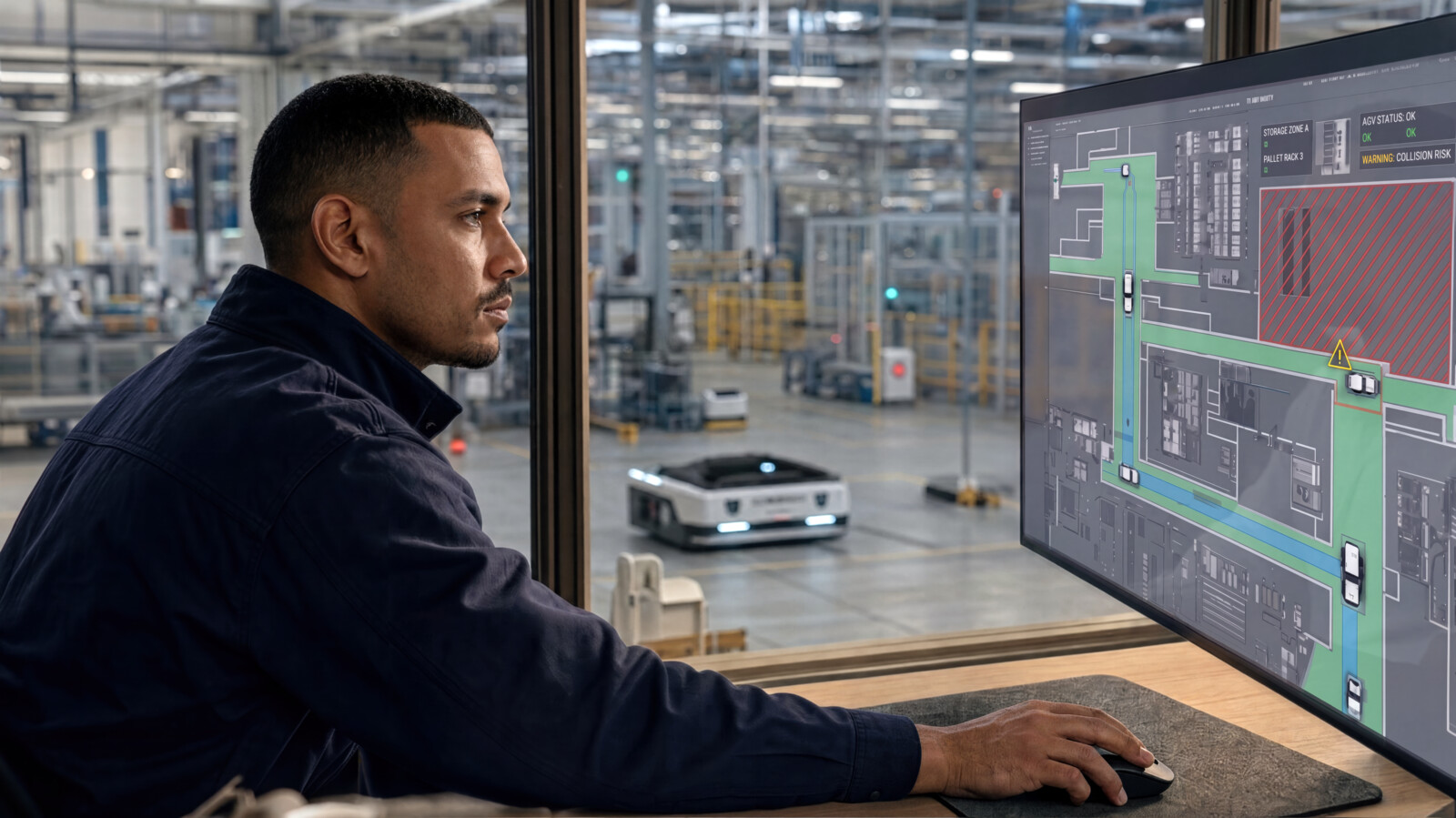 A factory operations team uses network-based geofencing to define safe corridors where AGV