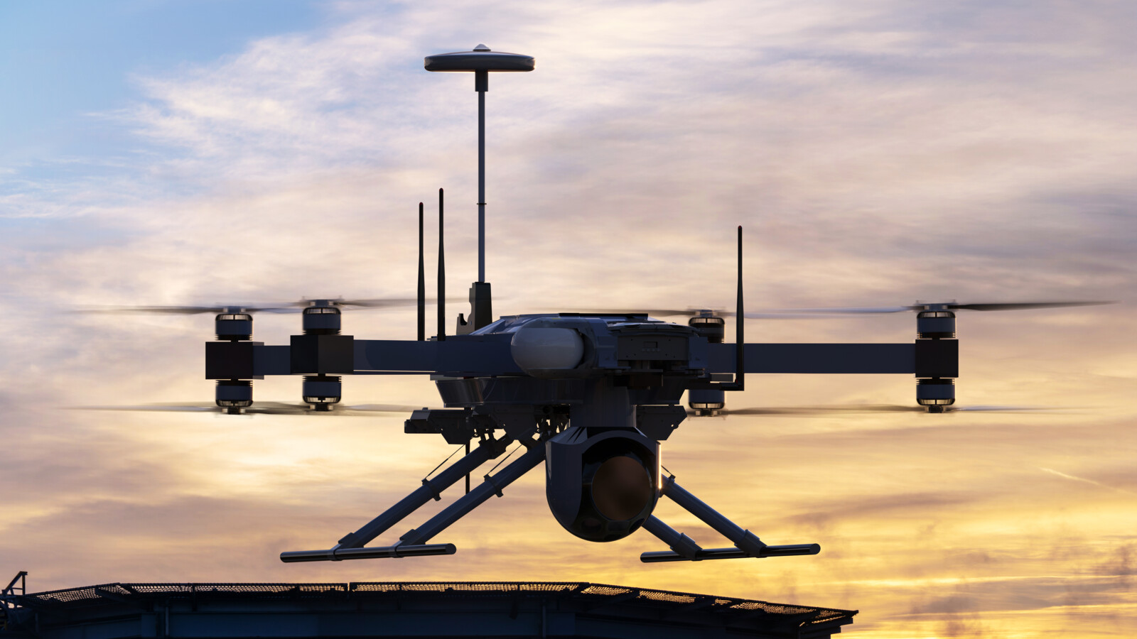 a close-up photo of a drone with sunset background