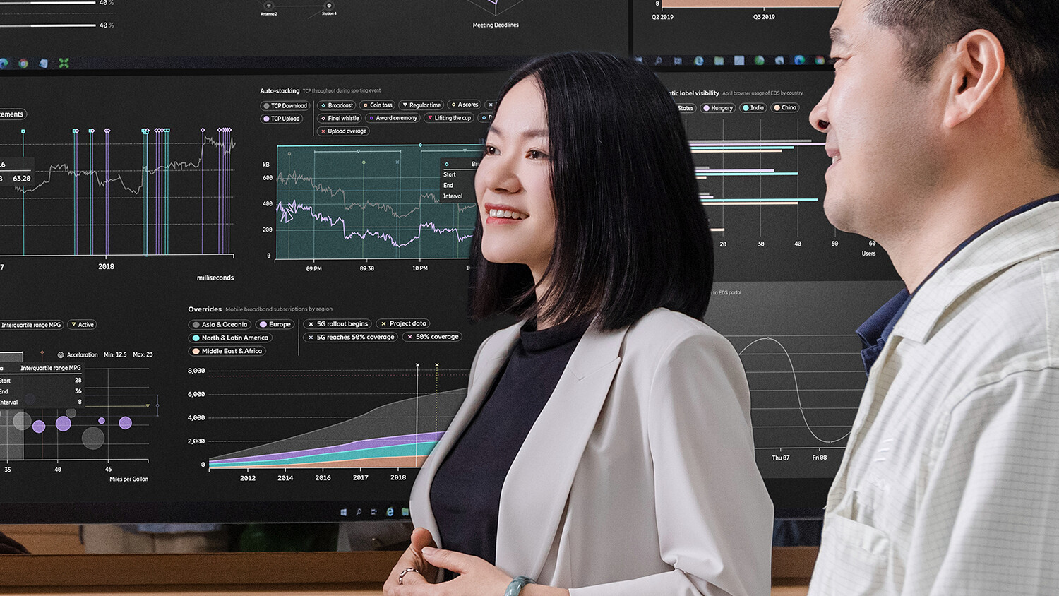 Woman talking in front of TV screen