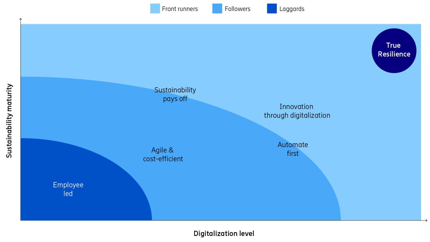 Plotting the five paths to resilience based on their respective average digitalization level and sustainability maturity