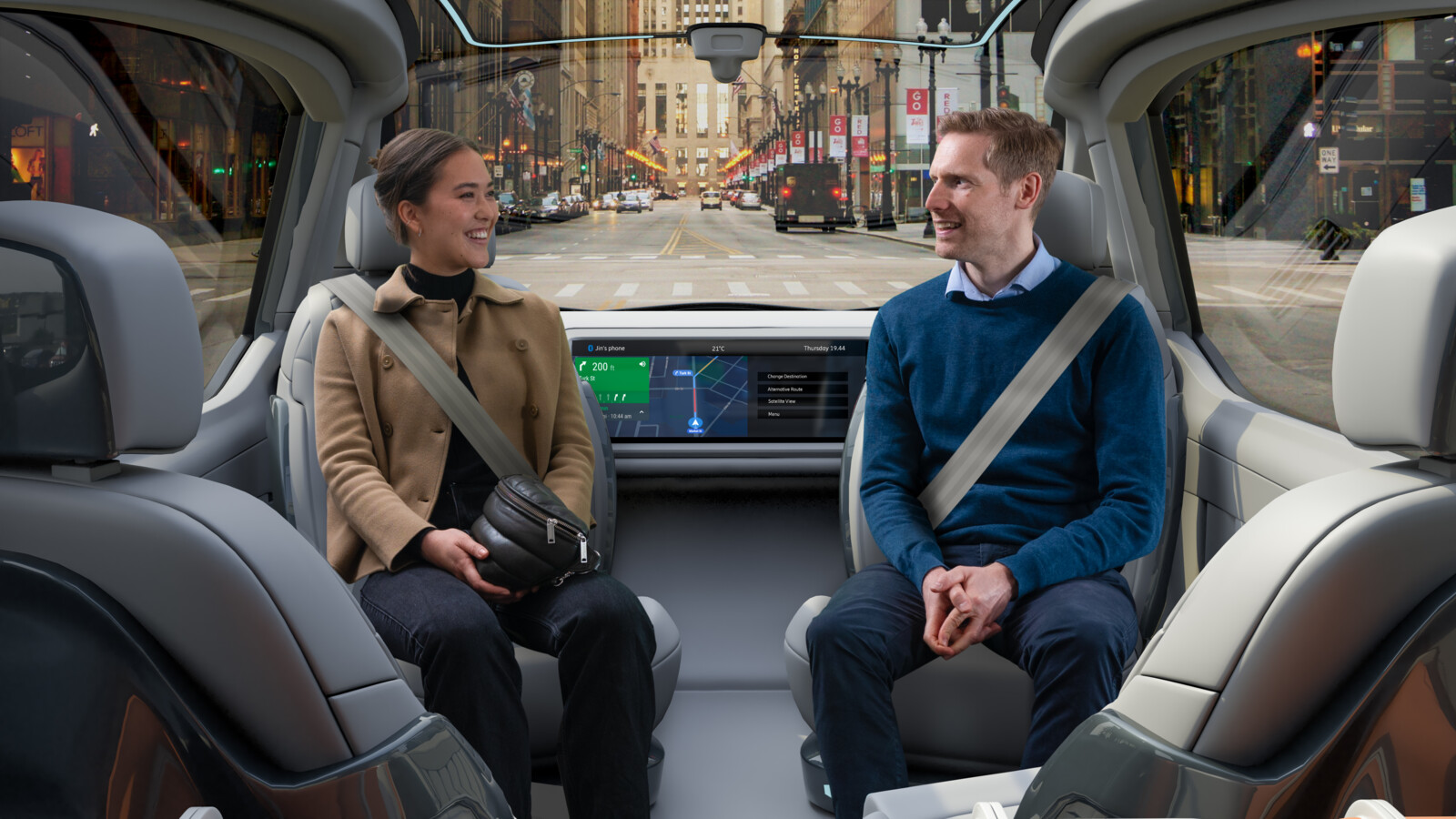 带乘客的无人驾驶汽车。