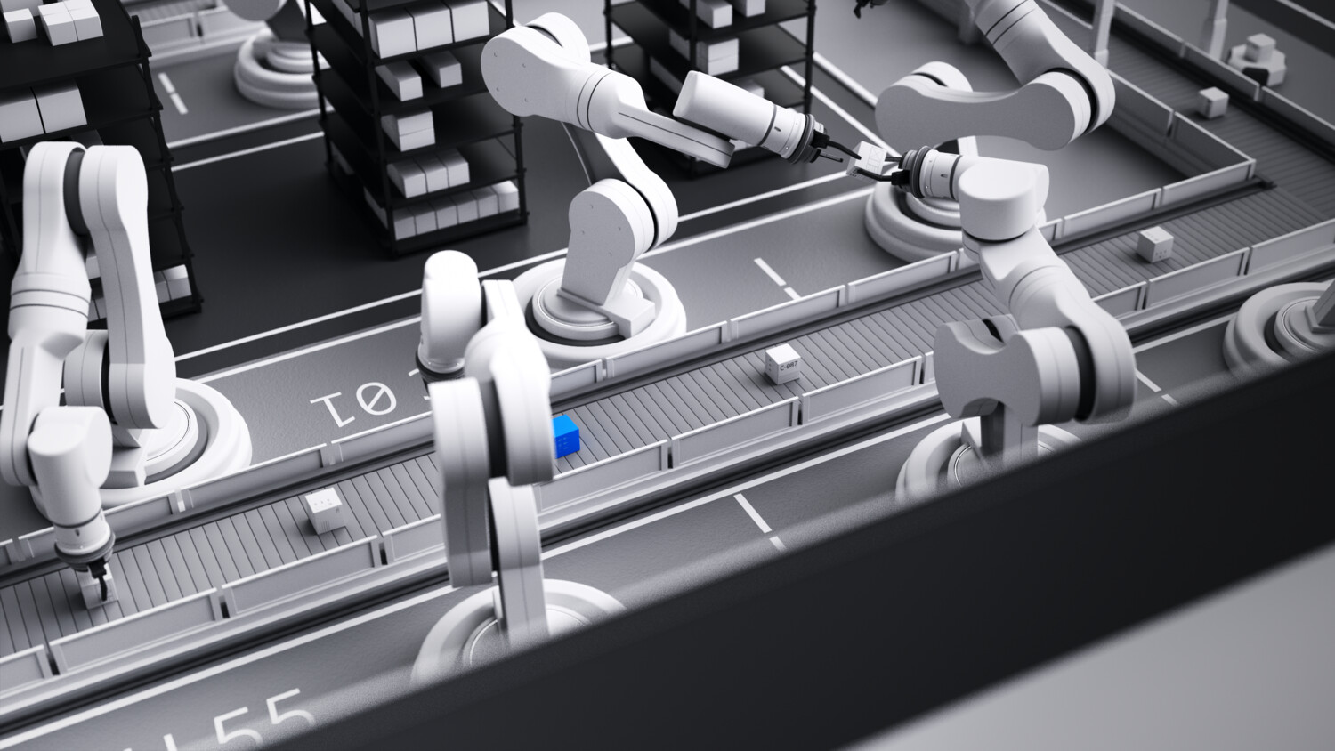 Robotic arms working on assembly line in factory setting.