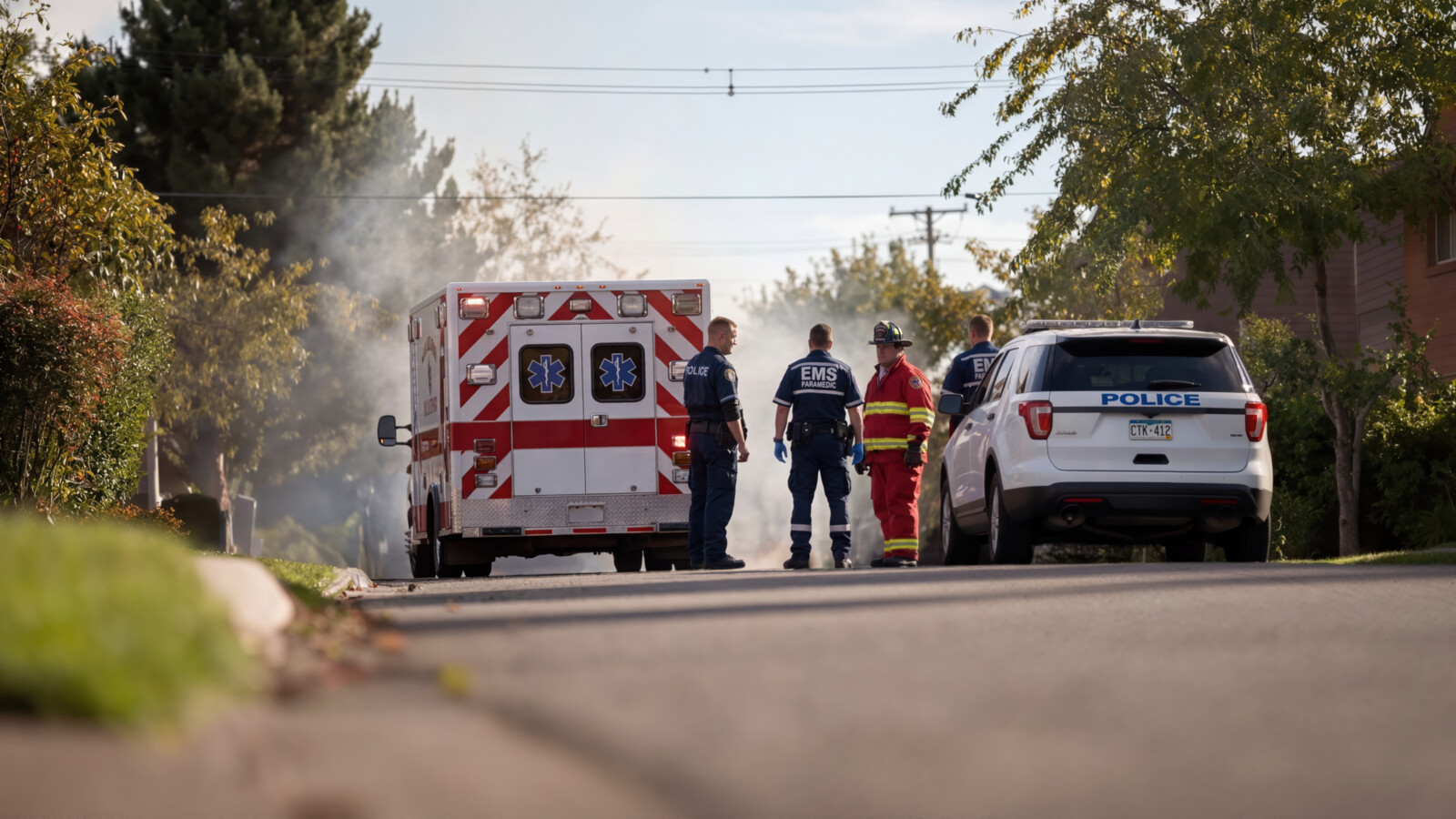  AI_generated Emergency responders standing near ambulance and police car on residential street