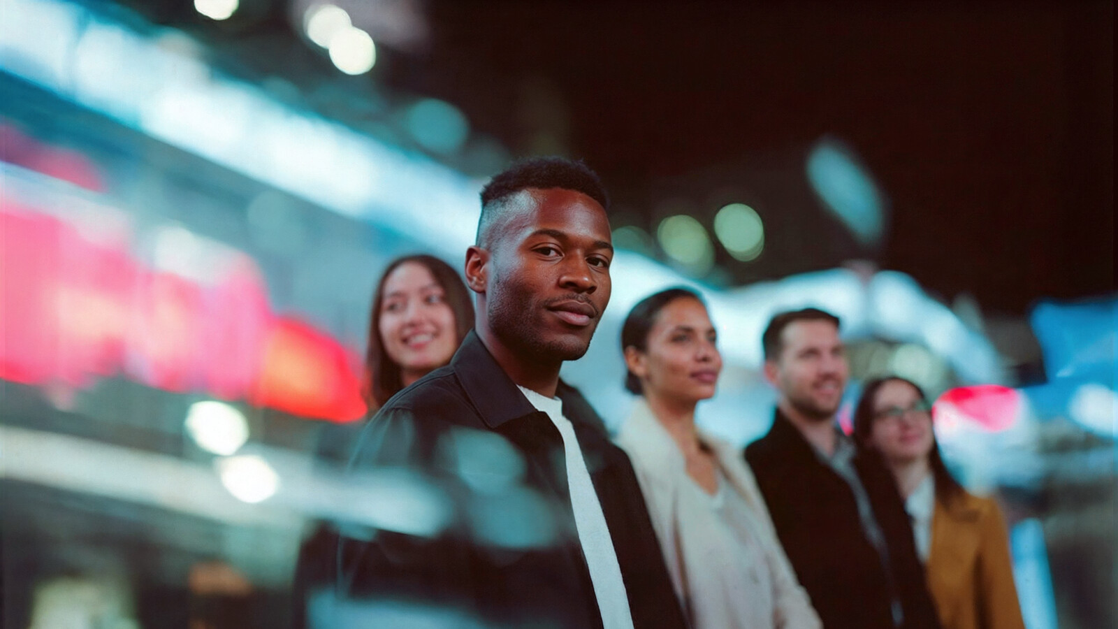  AI_generated Group of young adults standing together in city at night