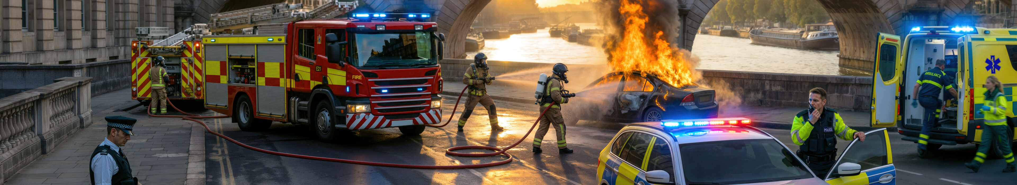 Mission-critical emergency response with firefighters, police, and paramedics managing a vehicle fire on a city bridge