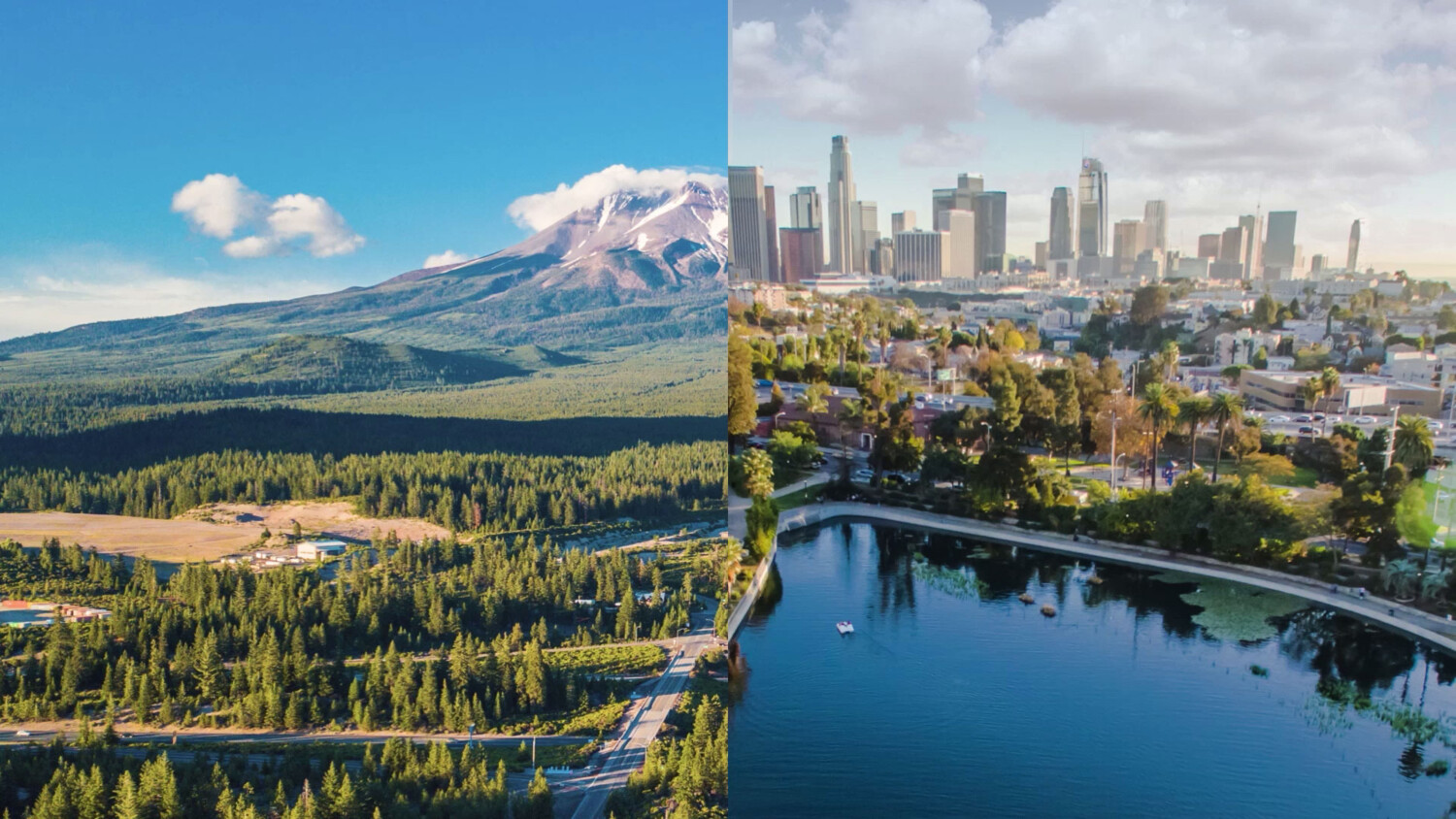 Collage of mountain landscape alongside an urban view.