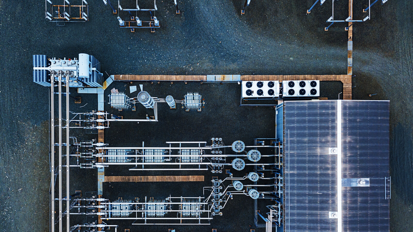high voltage power substation drone view