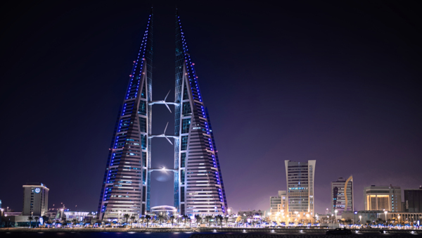 Waterfront skyscrapers at night time in Bahrain