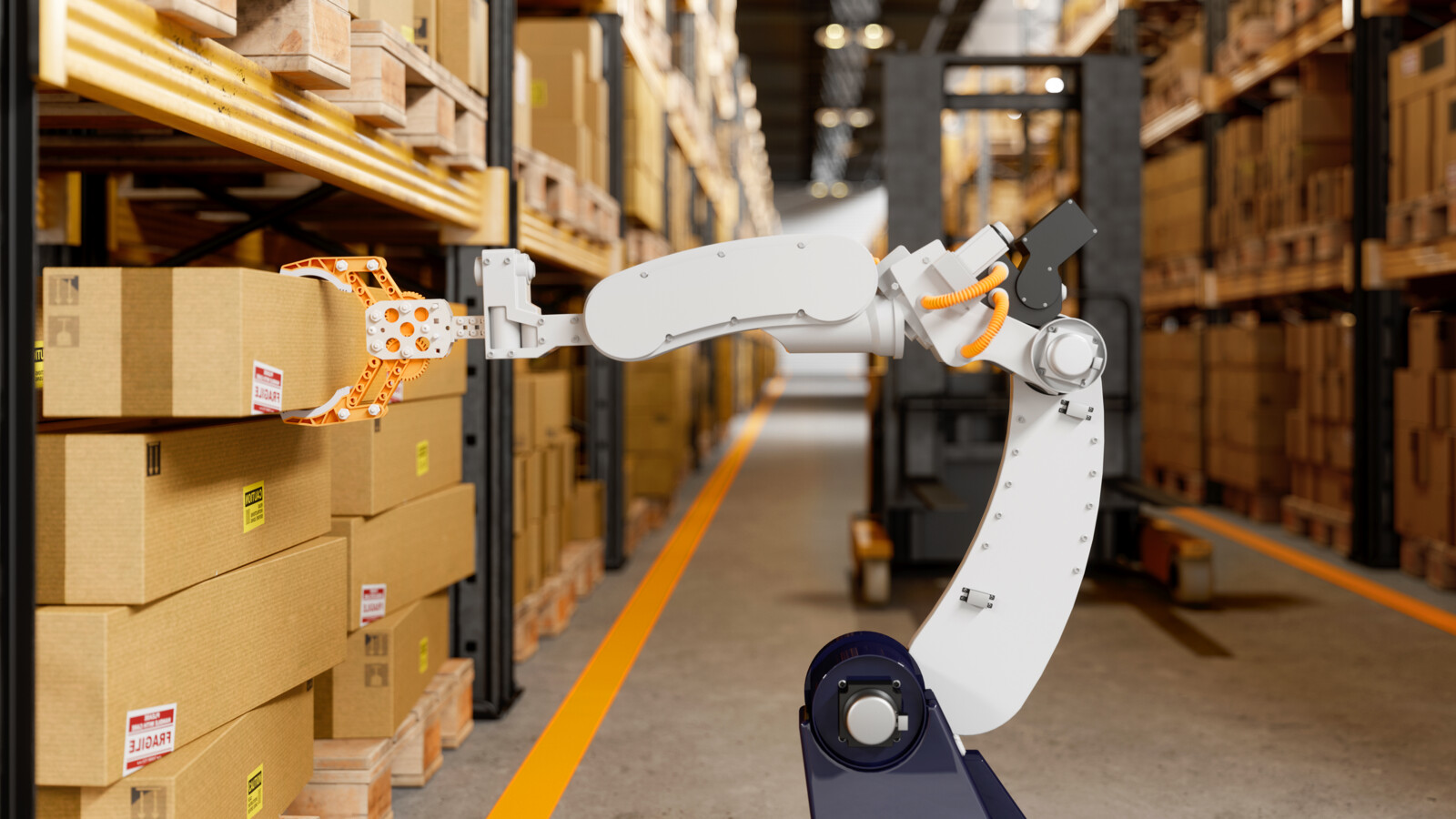 Automation Robot lifting box in warehouse.