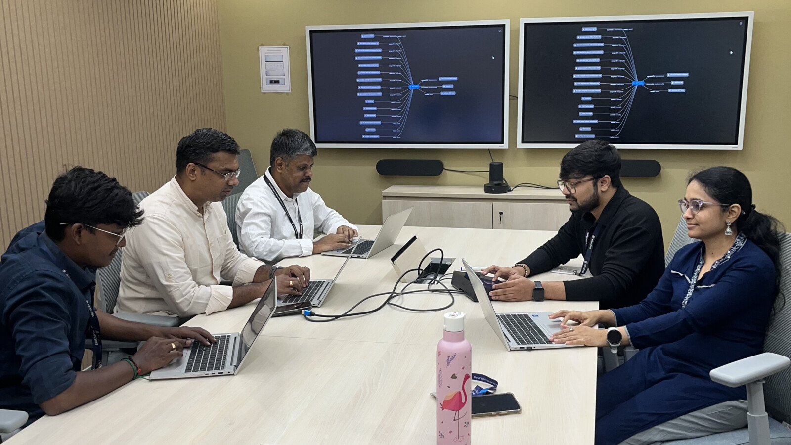Team collaboration during a meeting.