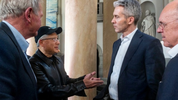 L-R: Marcus Wallenberg, Chair of Wallenberg Investments; Jensen Huang, founder and CEO, Nvidia; Per Narvinger, President and CEO, Ericsson; Jan Carlson, Chairman of the Board, Ericsson, at the Sferical One launch, Stockholm, October 15, 2026.