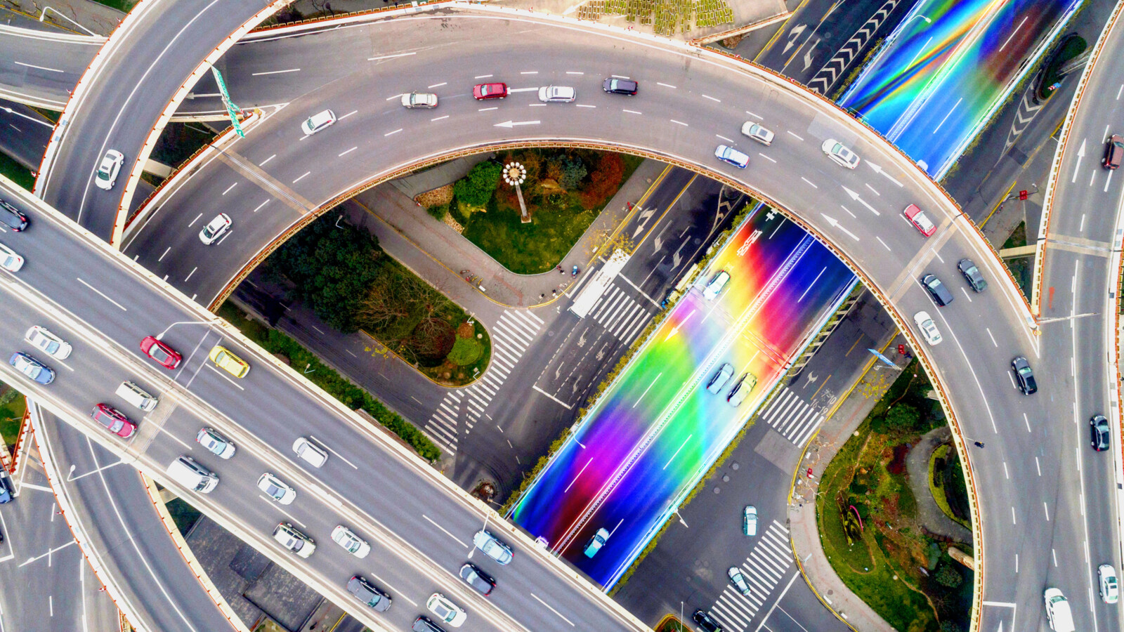 Aerial view of highway intersection.