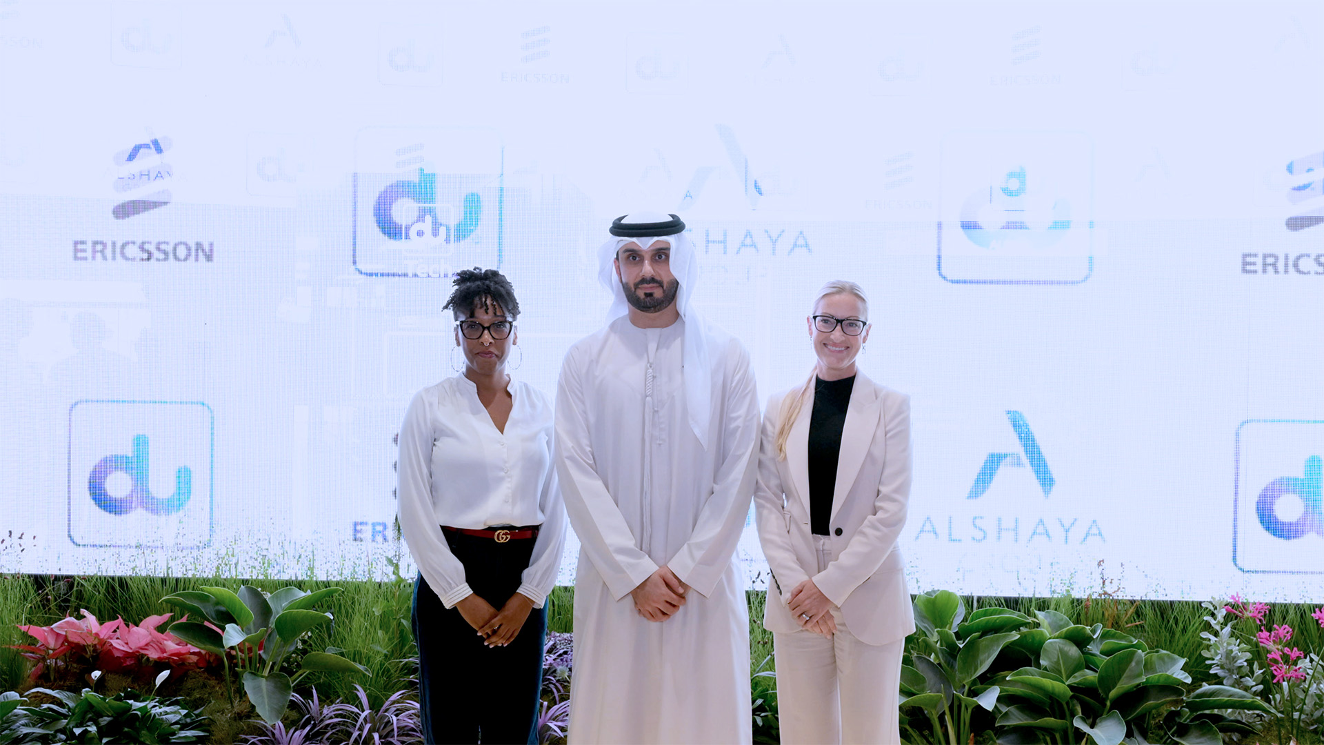 Seneca Cottom, Head of Sustainability at Alshaya Group; Jasim Al Awadi - Chief ICT Officer at du; Petra Schirren,President Gulf at Ericsson Europe, Middle East and Africa at the GITEX signing