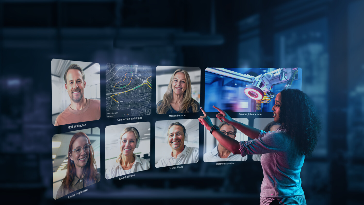 Woman standing in front of videoconferencing screen.