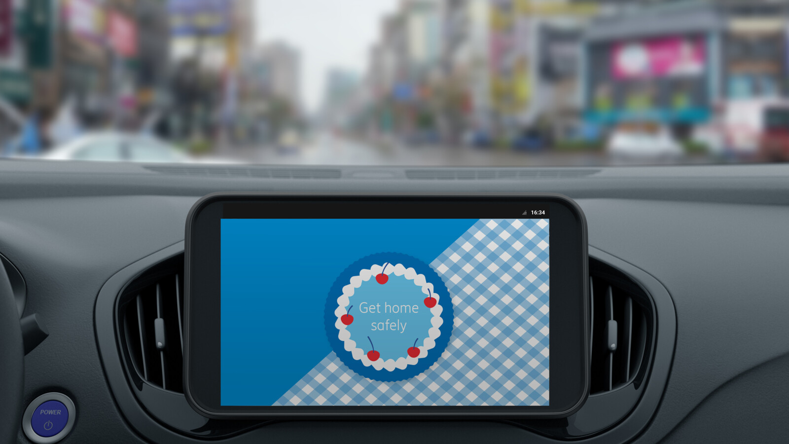 Mobile screen mounted in car.