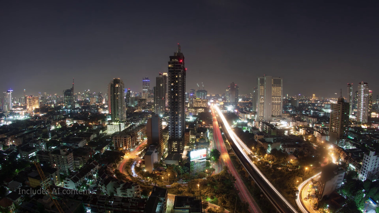 City skyline at night with traffic lights.