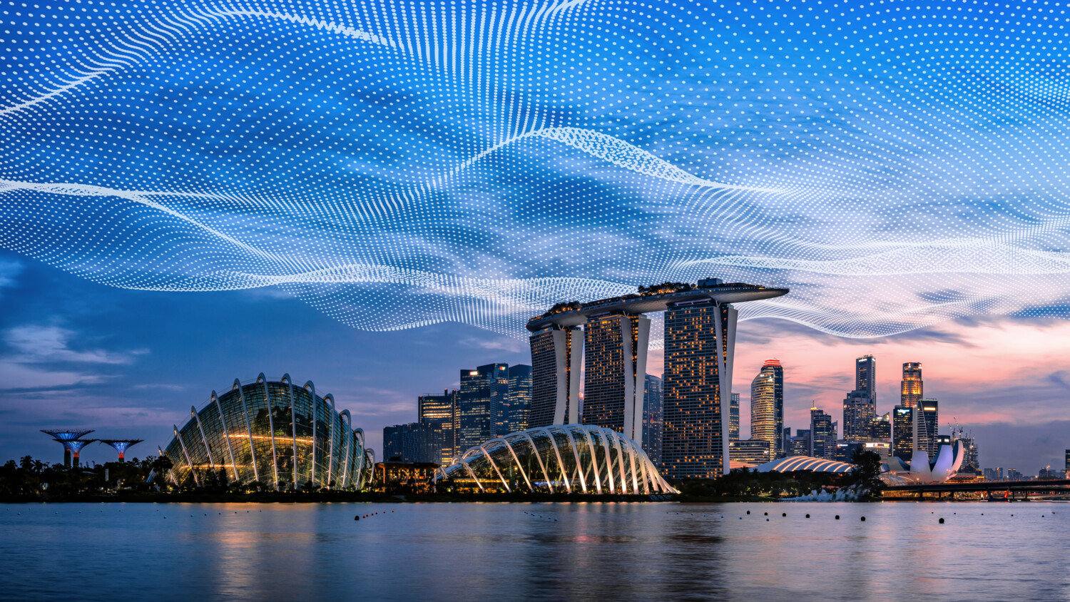 Cityscape with graphic illustrating 5G connectivity.