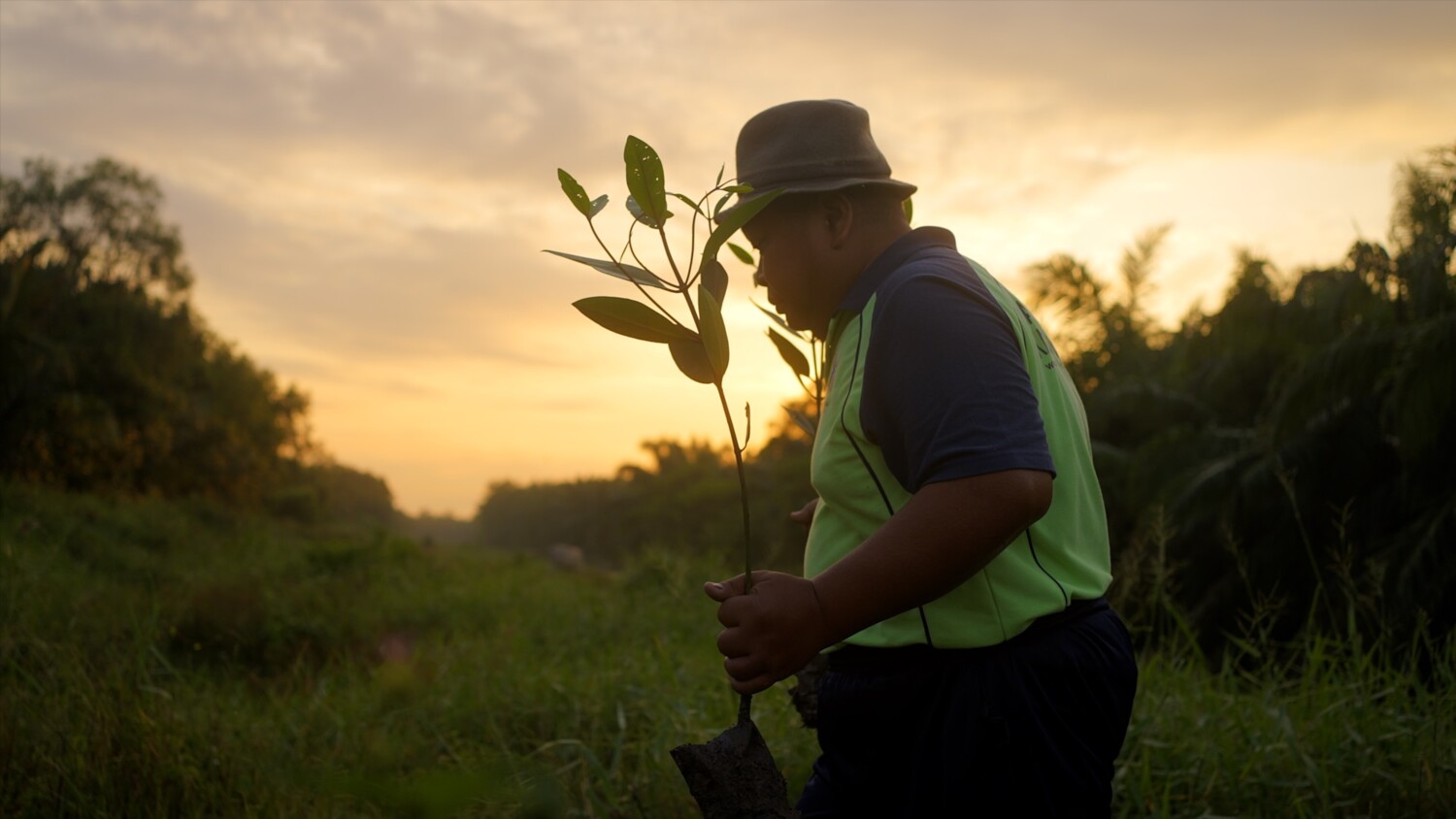 Man working in a field with the Connected Mangroves project.