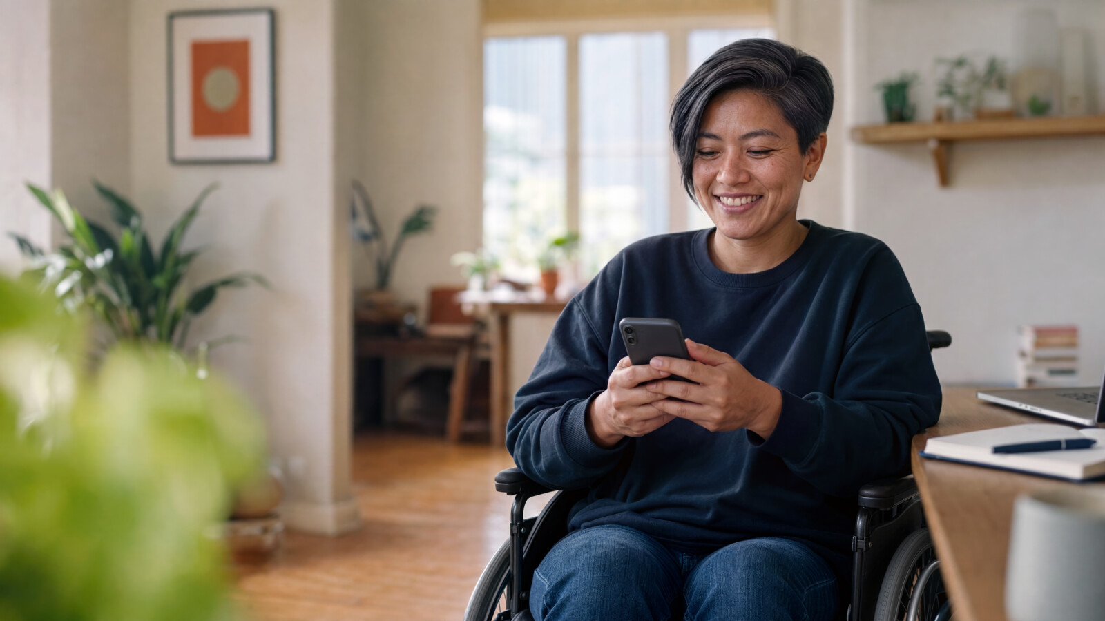  AI generated woman in wheelchair with smartphone